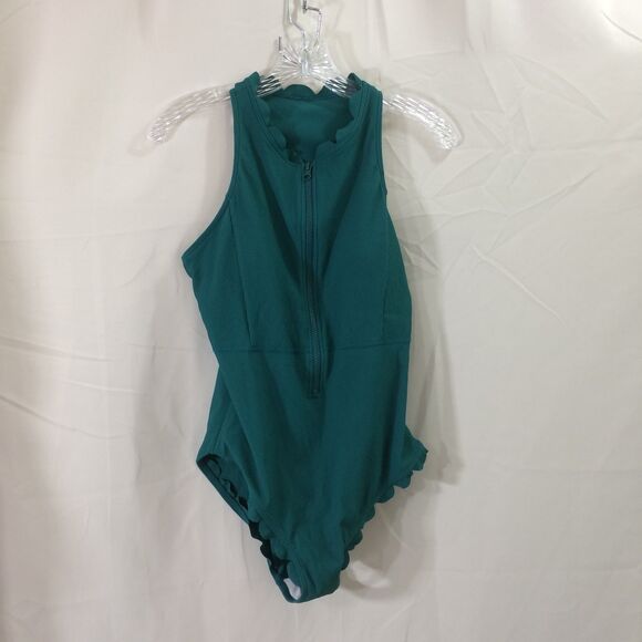 NEW Charmo Swimsuit 1 Piece Zipper Front Scalloped Edges Green Size Large - Picture 4 of 8